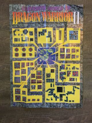 Nintendo Nes Dragon Warrior Ii,  2 - Sided Labyrinth Map Poster Vintage