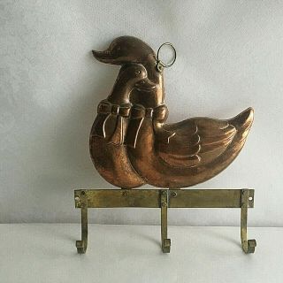 Vintage Copper Duck 3 Brass Hooks Coat/key Wall Hanging Decor Wildlife 10 " X 9 "
