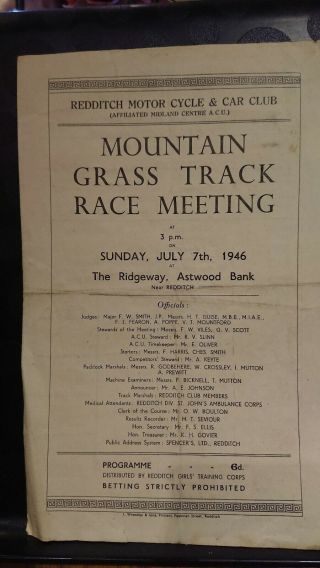 Vintage Mountain Grass Track Race Meeting Programme August 1946,  Astwood Bank