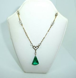 Vintage Art Deco Fine Geometric Linked 9ct Emerald Green Crystal Drop