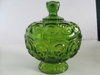 VTG L.  E.  SMITH AVOCADO GREEN MOON & STARS FOOTED COVERED COMPOTE OR CANDY DISH 2