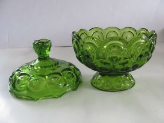 VTG L.  E.  SMITH AVOCADO GREEN MOON & STARS FOOTED COVERED COMPOTE OR CANDY DISH 3