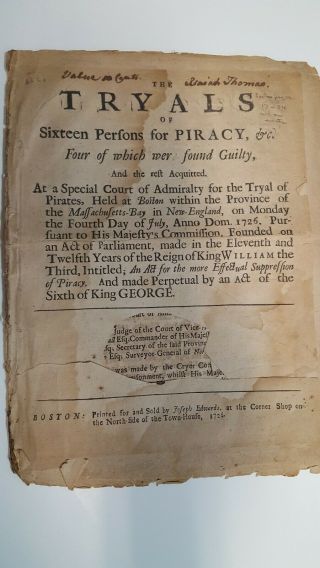 1726 Boston Pamphlet On Trial Of Pirates