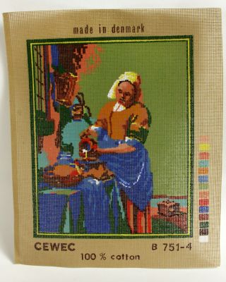 Kit Needlepoint Yarn Print Color Cotton Canvas Cewec B751 - 4 Milkmaid Vermeer Vtg