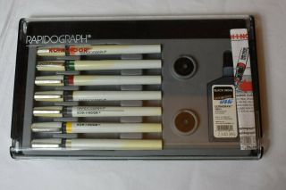 Koh - I - Noor Rapidograph Technical Pens In Case - Set Of 7,  With Ink Vintage