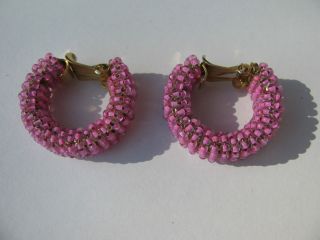Vtg.  Pat Pend Hand Wired Pink Clear Glass Seed Beads Chunky Hoop Clip Earrings
