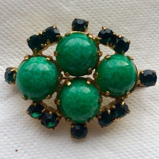 Vintage Large Peking Glass Cabochons Claw Set Emerald Rhinestones Brooch Pin