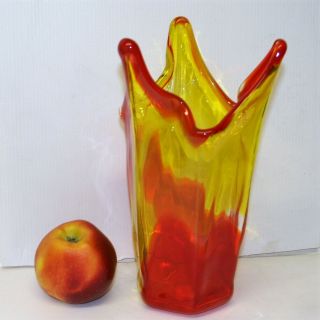 Vintage Murano Art Glass Vase Yellow & Red Hand Blown Organic Shape 9in Tall
