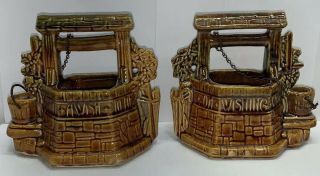Set Of 2 Vintage Mccoy Usa Ceramic Wishing Well Planters With Chain