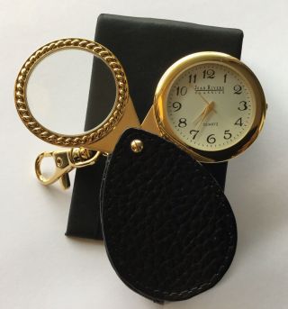 Vintage Joan Rivers Classics Gold Tone Pocket Watch & Magnifying Glass Keychain