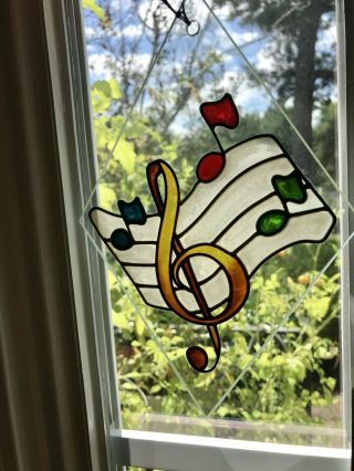 Vintage Handmade Sun Catcher Music Notes Stained Glass 9” X 6”