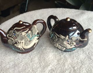 Vintage Japan Teapot With Raised Blue Eye Dragon Design Salt And Pepper Shakers