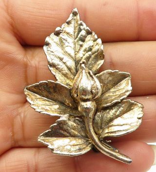 Flora Danica Denmark 925 Silver - Vintage Sculpted Leaf Motif Brooch Pin - Bp2944