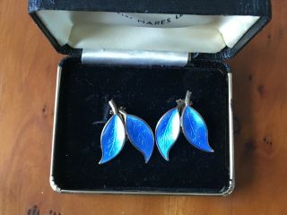 Vintage David Andersen Norway Sterling Silver Blue Enamel Double Leaf Earrings.
