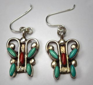 Vintage Native American Sterling/ Turquoise & Red Coral Butterfly Hook Earrings