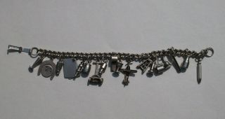 Vintage Silver Tone Charm Bracelet With 17 Charms Ladder,  Airplane,  Lawnmower