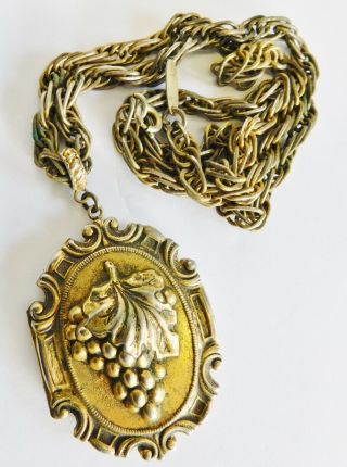 Vintage Whiting Davis Necklace Gold Tone Art Deco Grapes Design Large Locket