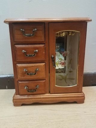 Vintage 70s Armoire Jewelry Box Floral Wood 4 Drawer Necklace Hanger Ring Drawer