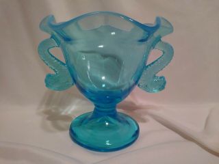 Vintage Depression Neon Blue Opalescent Ruffle Bowl With Fish Handles