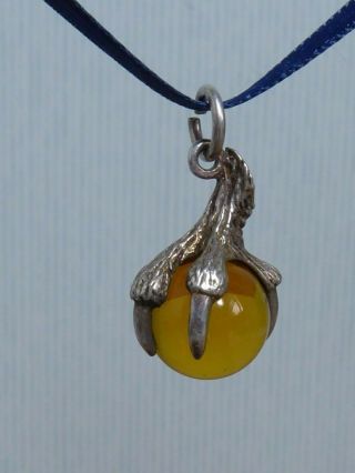 Vintage Sterling Silver Bracelet Charm - Amber Coloured Orb In Claw Setting
