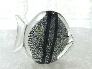 Vtg Black Silver Fleck Murano Art Glass Fish Sculpture Paperweight Signed