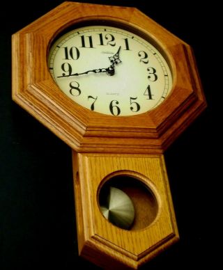 Vintage Sunbeam Schoolhouse Wall Clock Regulator Pendulum Oak Wood Quartz 9 " Face