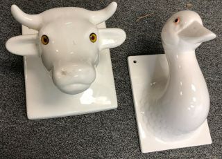 Vintage Pair 9 " Japan Duck Cow Porcelain French Country Chic Wall Towel Hooks