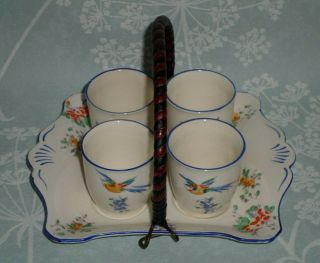 Vintage Art Deco Royal Winton Grimwades Ivory 4 Egg Cup Set On Handled Tray