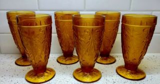 6 Indiana Tiara Sandwich Glass Amber Footed Ice Tea Vintage Pressed Goblets
