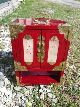 Vintage Oriental Jewelry Box Carved Jade Doors And Etched Brass Hinges