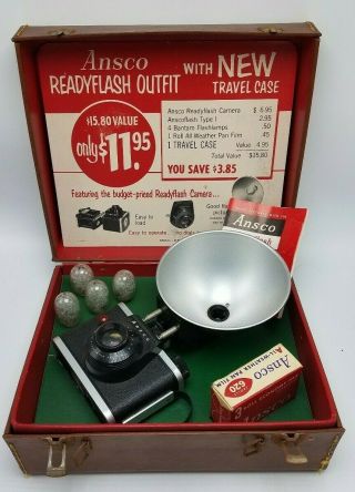 Vintage 100 Complete Ansco Readyflash Outfit W Travel Case Film Bulbs