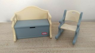 Vintage Little Tikes Dollhouse Blue Toy Box Bench And Rocking Chair