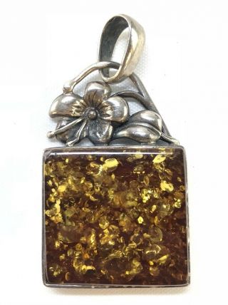 Vintage Native American Sterling Silver Flower Pendant With Large Square Amber