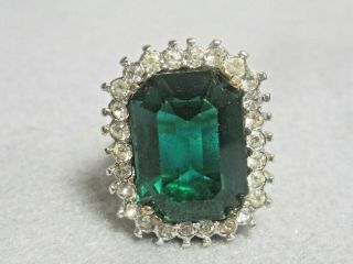Vintage Cocktail Ring Costume Large Emerald Green & Clear Cubic Zirconia