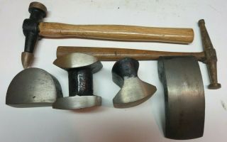 4 Vintage Auto Body Dolly Anvils Plus 2 Hammers