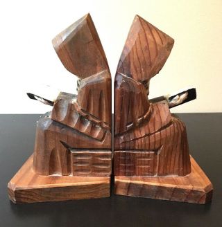Vintage Priest Monk Catholic Religious Wood Art Carved Bookends Reading Bible 2