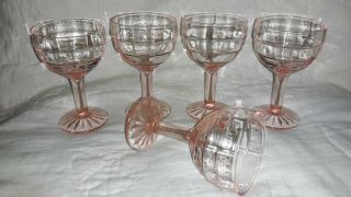 5 Vtg Pink Block Optic 4 " Cocktail Goblets Anchor Hocking Depression Glass