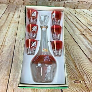 Vtg Ruby Red Art Glass Liquor Decanter Set Gold & Jewel Overlay Made In Italy