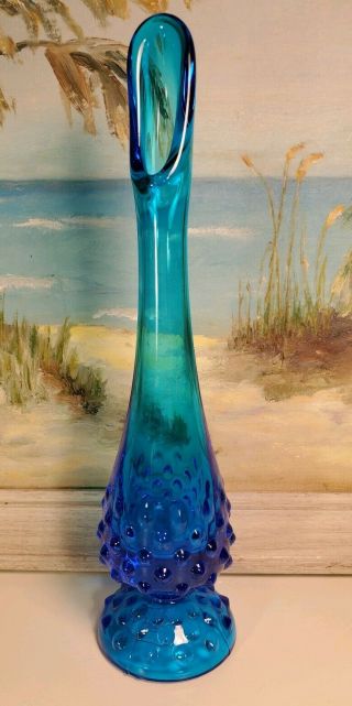 Vintage Fenton Glass Colonial Blue Hobnail Bud Vase 9.  5” Signed