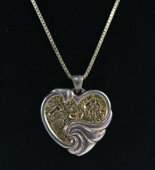 Vintage 925 Sterling Silver Signed Lenox Footprints Heart Pendant Necklace 16.  3g