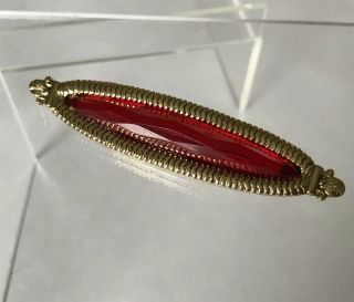 Vintage Victorian 1928 Faceted Ruby Red Rhinestone Gold Bar Brooch Pin 3 1/4 "