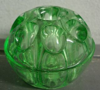 Vintage Unusual Green Glass Flower Frog With Candleholder 9 Hole