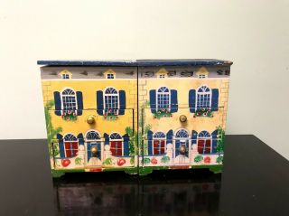 Two Small Vintage Wooden Chest Of Drawers Jewelry Boxes - Hand Painted Like Houses