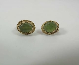 Vintage 14k Yellow Gold Spinach Green Nephrite Jade Post Earrings