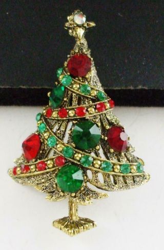 Pretty Vintage Hollycraft Christmas Tree Pin Brooch W/red & Green Rhinestones