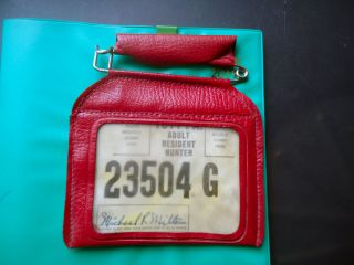 Vintage 1977 Pa Resident Hunter License In Red Leather Tag Holder Pinned Pouch