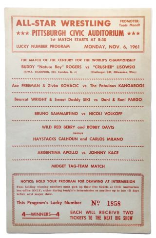 Vintage 1961 All Star Professional Wrestling Card Bill Program Bruno Sammartino