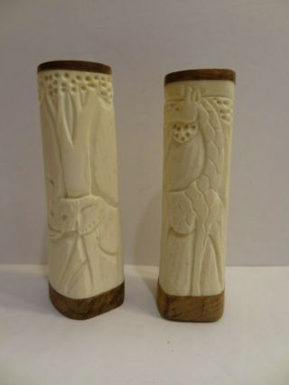 Vintage African Hand Carved Bone Salt And Pepper Shaker Giraffe And Elephant