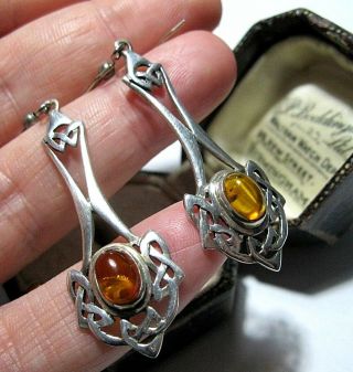 Vintage Jewellery Large Sterling Silver 925 Celtic Knot Amber Signed Earrings