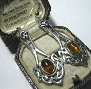 Vintage Jewellery Large Sterling Silver 925 Celtic Knot Amber Signed EARRINGS 2